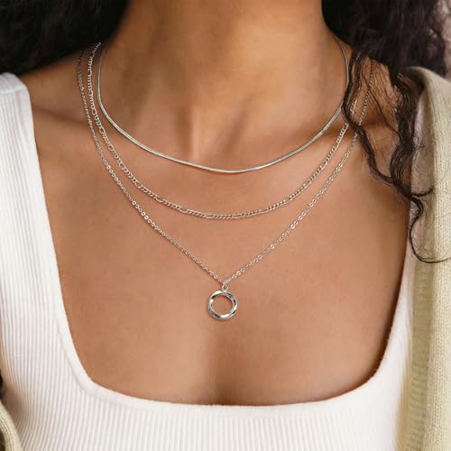 LANE WOODS Gold Plated Necklaces for Women - Multilayer Coin Medallion Pendant Necklace Adjustable Layering Choker Necklaces Chain Set Jewelry - style: Circle-Silver