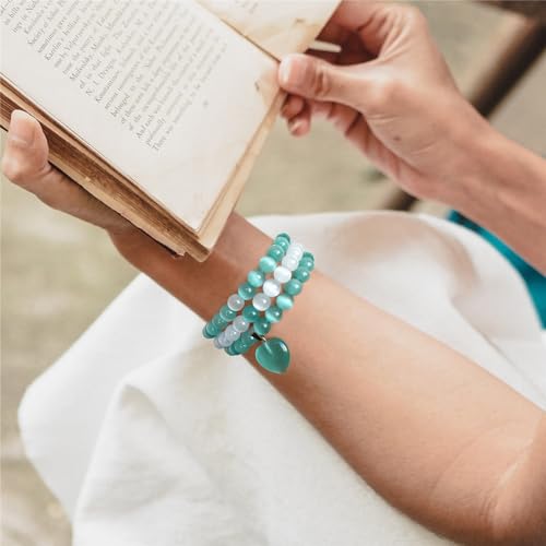 Vinswet Healing Crystal Beaded Bracelets for Women,Natural Amethyst Gemstones Bracelet,Anxiety Stress Relief Heart Charm Bracelet Handmade purple Jewelry Gifts for Women - color: White Cat Eyes&green Cat Eyes