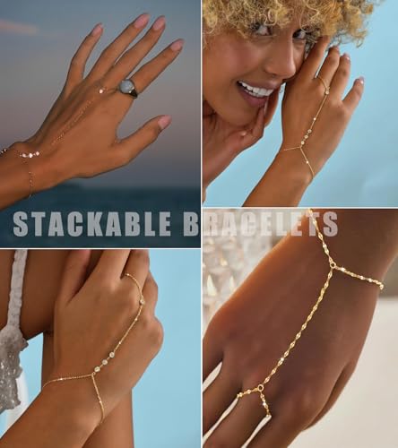 YEEZII Gold Hand Chain Bracelets for Women, 2 Pcs 14k Gold Plated Cubic Zirconia Link Chain Bracelet Set, Trendy ring bracelet hand chain Jewelry for Her - color: Gold-A