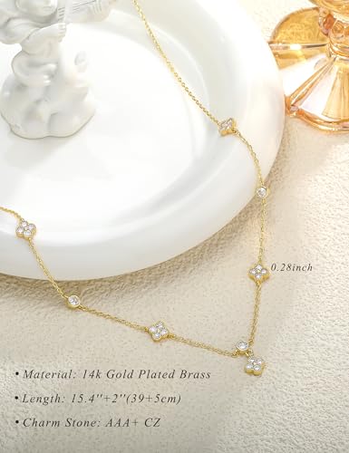 Dainty Gold Necklace for Women Trendy 14K Gold Plated Pearl Cross Clover Butterfly CZ Charm Pendant Chain Station Necklaces Waterproof Non Tarnish Layered Choker Cute Jewelry Gifts - color: G-clover-2