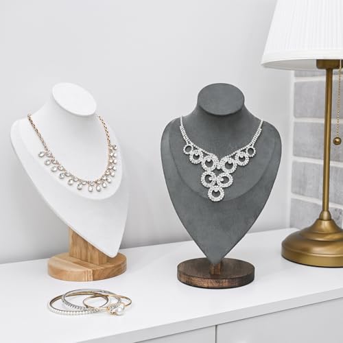 MOOCA Necklace Chain Jewelry Display Holder, Jewelry Stand, Necklaces Display Mannequin Bust Stand, Wood Sturdy Base, Grey Suede with Walnut Base - color: Grey Suede with Walnut Base