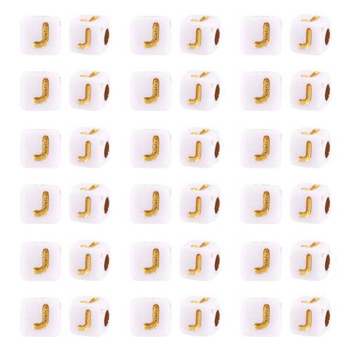 FASHEWELRY 500Pcs White Golden Letter Beads 4.5mm Square Alphabet Beads Acrylic Cube Letter J Beads for Friendship Bracelet Necklace Keychains Jewelry Making - color: Letter J