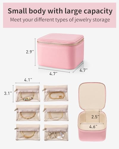 Vlando Travel Jewelry Box for Women,Faux Leather Jewelry Case with 6 Velvet Jewelry Zipper Pockets,Gift Ideas for Women Wife Earrings Necklace Rings Storage Boxes(Strawberry Pink) - color: 6PCS-Strawberry Pink