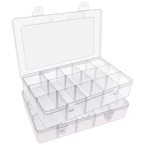 SGHUO 2 Pack 15 Girds Bead Organizer, Large Clear Plastic Organizer Box with Adjustable Dividers for Beads, Art DIY, Crafts, Jewelry, Fishing Tackle with Label Stickers - size: 2pcs