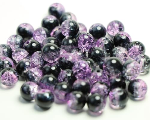 100Pcs 10mm Crackle Glass Beads for Jewelry Making - Round Spacer Crystal Beads Bulk, DIY Craft Supplies for Necklace Bracelet Earrings (Purple Black) - color: Purple Black