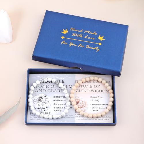NCB 2.3-Piece 4mm Natural Crystal Gemstone Stretch Bracelets – Handmade Reiki Energy Healing Jewelry for Meditation,Yoga, Unisex - color: 2PCS ( Howlite+White Fossil Jasper ), size: 6mm
