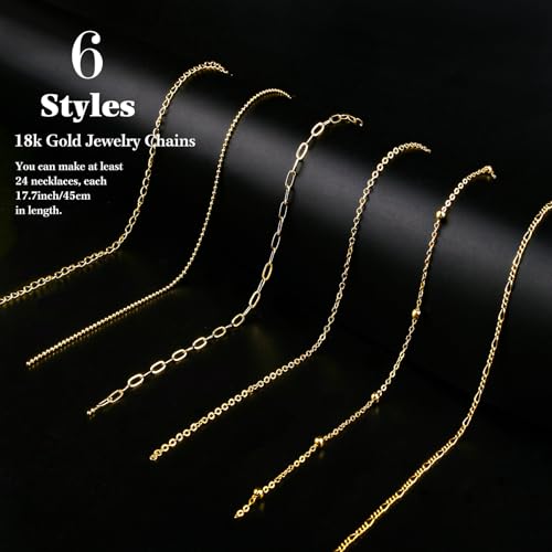 18k Gold Necklace Chains for Jewelry Making, 39.3 Feet 6 Rolls Bracelet Chains for DIY,6.5Feet Each Style, Gold Chain with Jump Rings/Lobster Clasps/Connectors - color: 18k Gold-39.3 Feet 6 Rolls