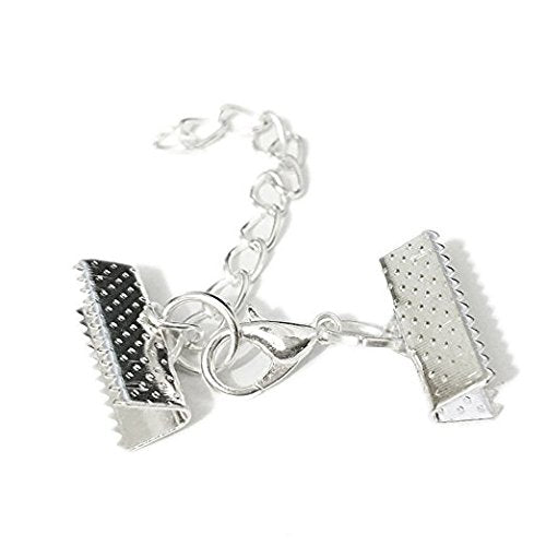 10 Set Ribbon Clamp Crimp Ends Beads Flat Cover with Lobster Claw Swivel Clasps Extension Chain Jump Rings Cords End Caps String Leather Clip Foldover Necklace Bracelet Connectors (Silver Crimp 16mm) - color: Silver Crimp 16mm