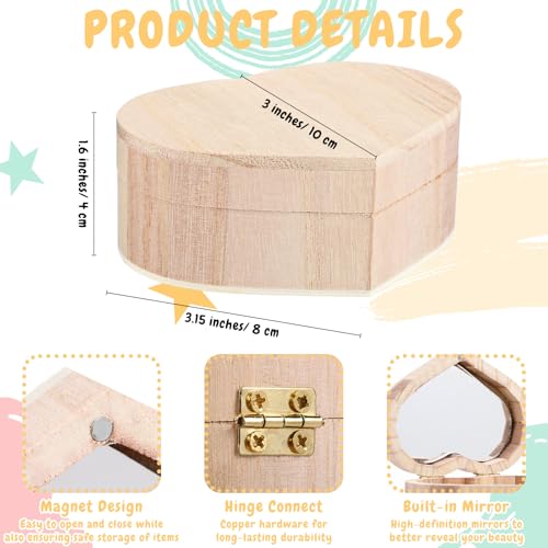 Kigley 12 Set/100 Pcs Unfinished Wooden Boxes for Crafts, 12 Heart Treasure Box with Mirror, 72 Paints, 12 Brushes, 4 Rhinestones Stickers for DIY Jewelry Keepsake Storage, Paint Party Favor