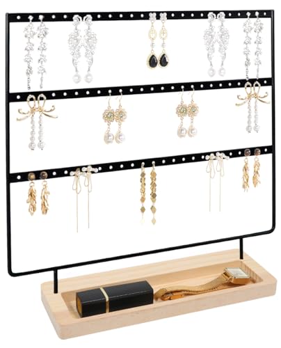 SLOZO Earring Holder Stand, 3 Tier Earring Organizer with 75 Holes, Metal Earring Holder with Wood Basic stand, Jewelry Organizer Display Stand for Earring Ring Ear Stud Bracelet (Black+Log Color) - color: Black+Log Color