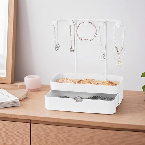 WCHOSOZH Jewelry Organizer Stand, 2-Tier Necklaces Holder with Wooden Tray and 5 Storage Hooks, Earring Holder with 5 Pcs Jewelry Bags for Bracelet,Chains,Rings,Earrings,Keys Watches (White) - color: Upgraded White