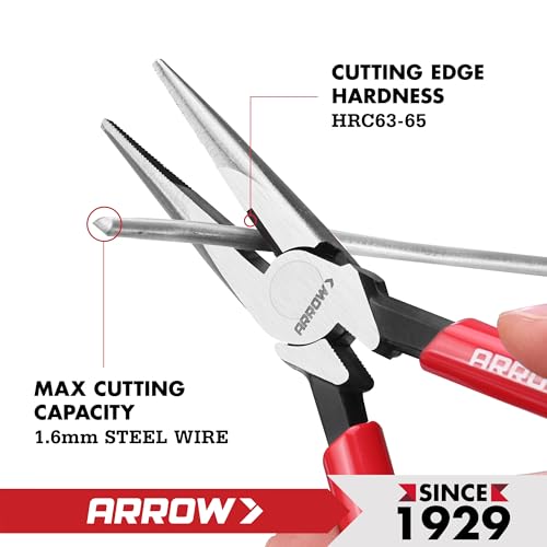 ARROW 6" High Leverage Needle Nose Pliers with Side Cutters, Long Nose Pliers for Gripping, Wire Bending, Cutting - size: 6 INCH