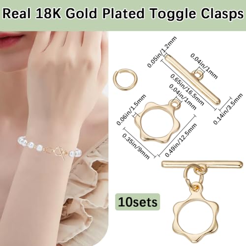 Beebeecraft 1 Box 10Pcs Toggle Clasps T-bar Closure Connectors Real 18K Gold Plated Flower Shape OT Toggle Necklace Fastener Clasp Buckle Link Findings for Jewelry Making Pendants Bracelets - color: Gold