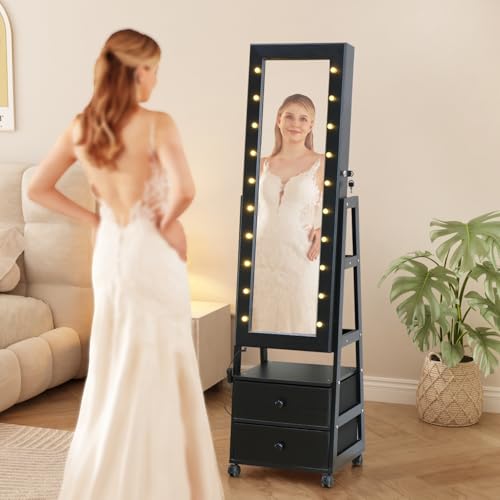 Jewelry Armoire Cabinet Organizer Standing with 20 LED Lights Lockable Full Length Mirror with Storage Shelves and 2 Drawers (Black) Adjustable Tilt Angles Gift for Her - color: Black, size: 63*16+LED Lights