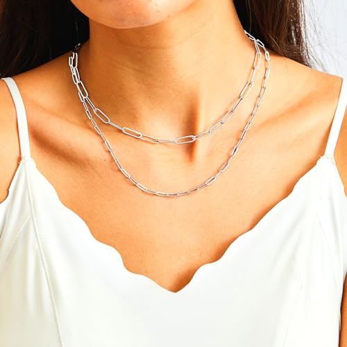 RWQIAN 18k Gold Paperclip Chain Link Necklace Dainty Paperclip Link Chain Layered Necklace Oval Link Chains Necklaces Set for Women Girls - color: 18K Silver-Paperclip Chain
