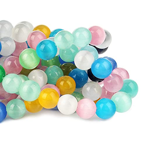70PCS Natural 8MM Healing Gemstone, Synthetic Cat’s Eye Energy Stone Round Loose Beads, Semi-Precious Crystal Beads with Free Elastic String for Jewelry Making DIY - color: Cat’s Eye