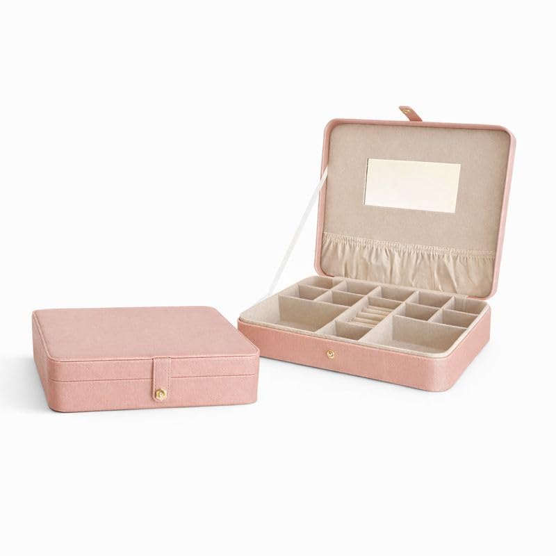 Hives & Honey Opal Jewelry Travel Case with Mirror – Anti-Tarnish Felt Lining, Ring Rolls, Divided Compartments, Elastic Lid Pocket, Secure Snap Closure, Portable Jewelry Organizer for Travel - color: Blush