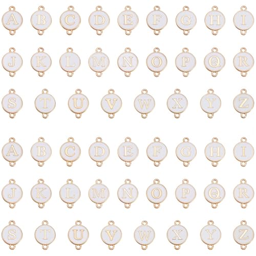 SUNNYCLUE 52Pcs 26 Styles Alphabet Connector Charms Double Link Charm Enamel White Flat Round A to Z Letter Gold Alloy Double Loops Pendants Findings for Jewelry Making Necklaces Bracelets DIY Crafts