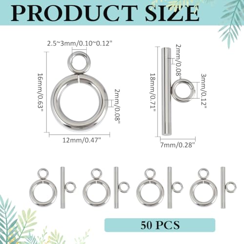 50Pcs Toggle Clasps Stainless Steel T Bar Ring Connector Closure Hook Fastener Necklace Bracelet Round Closures Jewelry Clasp for Bracelet Necklace Jewelry Making 16x12x2mm - size: 16x12x2mm