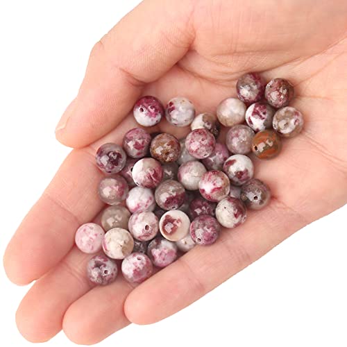 70PCS Natural 8MM Healing Gemstone, Plum Blossom Tourmaline Energy Stone Round Loose Beads, Semi-Precious Crystal Beads with Free Elastic String for Jewelry Making DIY - color: Plum Blossom Tourmaline