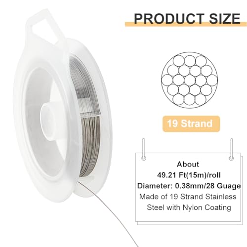 BENECREAT 19 Strands Bead String Wire (0.015 inch/0.38mm, 49FT) Nylon Coated Stainless Steel Beading Wire for Necklace Bracelet Making, LightGray - color: Lightgrey, size: 0.38mm - 19 Strands