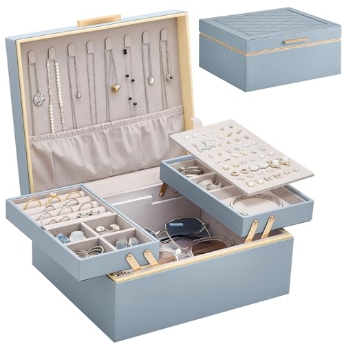 Lolalet Jewelry Box Organizer for Women Girls, 2 Layer Jewelry Organizers and Storage for Necklace Earrings Rings Bracelets, Large Jewellery Holder Case Birthday Mothers Day Gifts -HazeBlue - color: Haze Blue