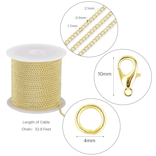 Crisjanggo 32.8 Feet Jewelry Making Chains Gold Cable Chains 14K Gold Plated Brass Chains Roll Spool for Jewelry Making DIY Craft Supplies with Jump Rings and Lobster Clasps - color: Cable Gold