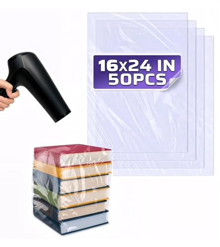 16x24 Shrink Wrap Bags for Gifts – 50 Pcs Clear Heat Shrink Wrap for Mother’s Day Packaging, Works with Hair Dryer at Medium Temperature – Neat Storage for Clothing, Cosmetics, Boxes & Bulky Items - size: 1 count (Pack of 50)