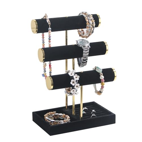 Necklace Holder,Bracelet Display,Jewelry Organizer Stand with Earrings Rings Tray,Jewelry Holder for Scrunchie Watches (Black, 3 Tier) - color: Black, size: 3 Tier