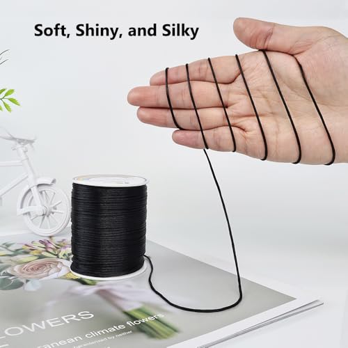 LUSTEMBER 330 Feet Satin Nylon String, 1 mm Silky Smooth Durable Nylon Cord for Jewelry Making, Bracelets, Beading, Necklaces, Macrame, Kumihimo, Rattail, and Chinese Knot Craft - size: Black