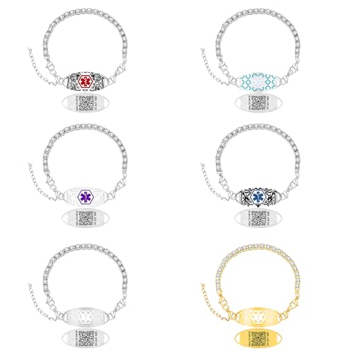 Women's Medical ID Bracelet with White Zircon Tennis Chain, Interchangeable Engraved Plate, Adjustable Lobster Clasp, Lightweight, Hypoallergenic, for Running, Outdoor, Daily Wear - color: QR