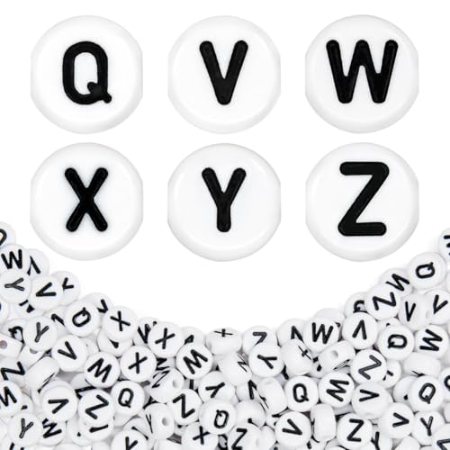 360Pcs 4X7mm Acrylic Letter Beads for Jewelry Making - White Round Vowel Letter E Beads for Bracelets, Necklaces, DIY Crafts - color: 06 QVWXYZ, size: White & Black