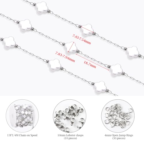 KYUNHOO 13 Feet Stainless Steel Silver Jewelry Making Chains Clover Leaf Shaped Faux Pearl Chain Roll with Jewelry Clasps for Handcraft DIY - color: Clover Silver