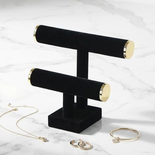 Coward 2 Tier Bracelet Holder Stand, Necklace Bangle Bracelet Watch Display Rack, Jewelry Hairband Scrunchie Organizer Storage Tower for Women (Black Velvet) - color: Black