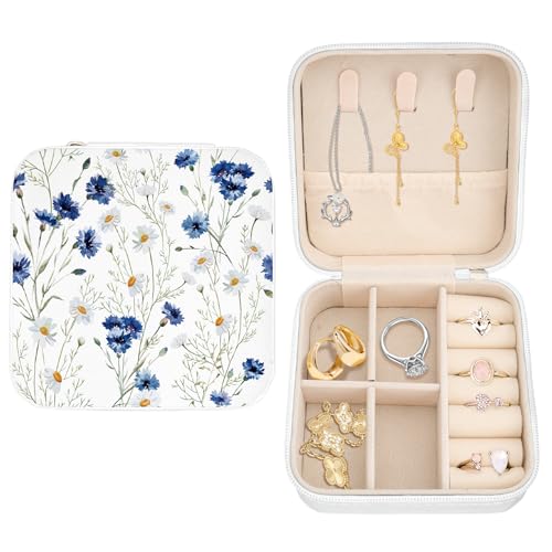 Daisy White Small Portable Jewelry Organizer Box Travel Jewelry Case Mini Jewellery Storage Box Portable jewellery Case for Rings Necklaces Earrings Gifts for Men Women Birthday Christmas - color: Daisy White