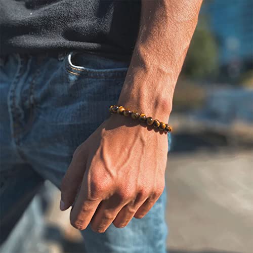 RANKEEF Tiger Eye Bracelet For Men 8MM Natural Stone Stretch Adjustable Black Crystal Beaded Bracelet for Men Women Gifts - color: 3,lava rock,tiger eye,blue