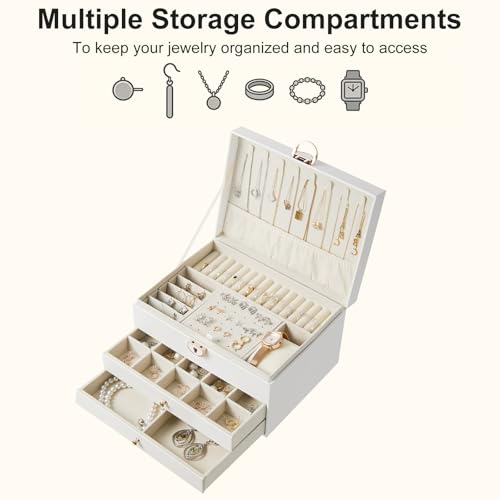 3 Layer Jewelry Box with Lock, Women Large Jewelry Holder Organizer with Drawer for Necklaces, Rings, Bracelets, Earrings, Watches, Valentines Gift for Mom Girl Wife(Creamy-white) - color: Creamy-white