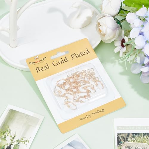 Beebeecraft 20Pcs Leverback Earring Findings 18K Gold Plated Brass French Hooks Flower Pattern Dangle Ear Wire with Jump Ring for Jewelry Making - color: Gold