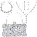 Quelay 4 Pcs Purse Rhinestone Jewelry Set Evening Clutch Bag Bling Crystal Necklace Dangle Earrings Bracelets Accessories - color: Silver, size: Groovy Style