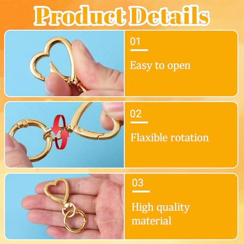 2 Pcs Double Opening Keychain Clip, Heart Spring Snap Hooks Zinc Alloy Swivel Lobster Clasp with Key Ring Spring Snap Hook Purse Clip for Jewelry Lanyard DIY Crafts Purse Making Camping Travel (Gold)