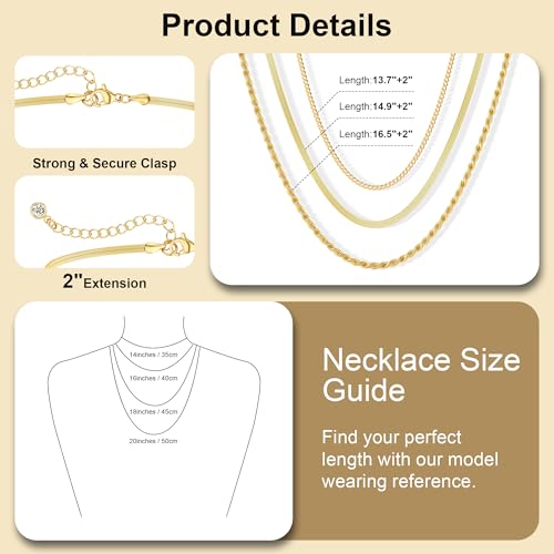 Freekiss Women's Layered Necklace Set - 3 Piece Dainty Gold Jewelry for Everyday Stacking | 14K Gold Plated Snake Chain, Rope Chain, Cuban Chain | Adjustable Length 14-18.5 Inch | Gift Ready - color: Gold, style: 3Snake+Rope+Cuban
