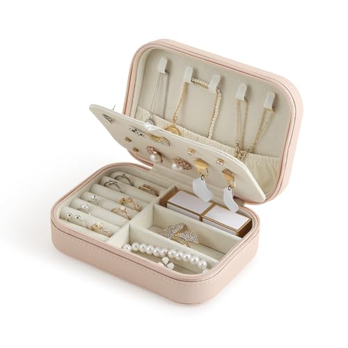 CASEGRACE Travel Jewelry Case, Double Layer Travel Jewelry Organizer for Necklace Earring Rings Jewelry Display Case for Women, Pink - color: Pink, size: Leather