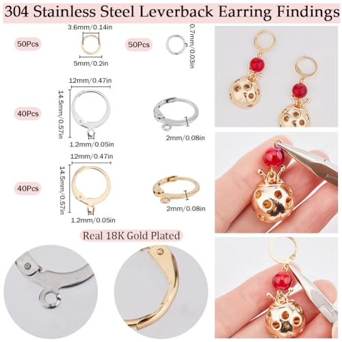 SUNNYCLUE 1 Box 180Pcs Real 18K Gold Plated Stainless Steel Earring Findings 80Pcs Round Leverback Earring Hooks Huggie Earring Wires 100Pcs Open Jump Rings Hypoallergenic for Jewelry Making Kits - color: 80pcs Leverbacks & 100pcs Open Jump Rings