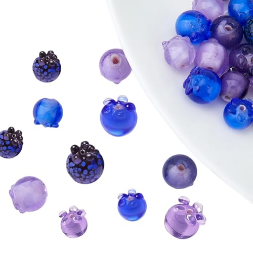 24Pcs Lampwork Glass Blueberry Beads 8 Styles Handmade Fruit Beads Mixed Color Fruit Glass Beads for Jewelry Necklace Bracelets Earrings Making DIY Crafts