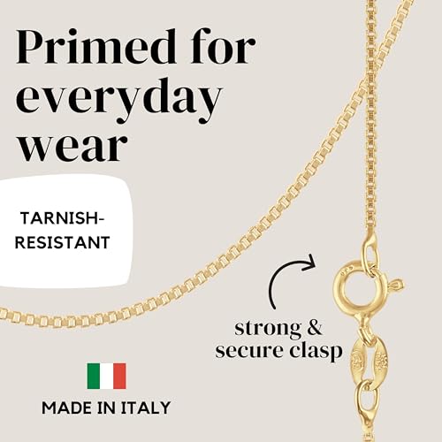 KISPER Italian 18K Gold Plated 925 Sterling Silver Diamond Cut Box Link Chain Necklace – for Women & Men with Spring Ring Clasp – Made in Italy - size: 18 inches