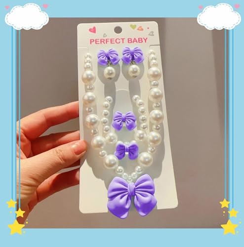 Princess Jewelry for Little Girls, Handmade Bow Pearl Kids Jewelry Set, Stretch Necklace Bracelets Rings and Clip on Earrings, Perfect for Dress Up, Birthday Parties, and Costume Play - color: Purple