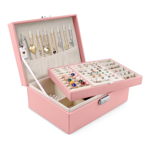 Homeanda Jewelry box 2 layer Jewelry box Leather Jewelry boxes for Women Girls Teens Jewelry organizer box Jewelry Storage box with lock(Pink) - color: Pink