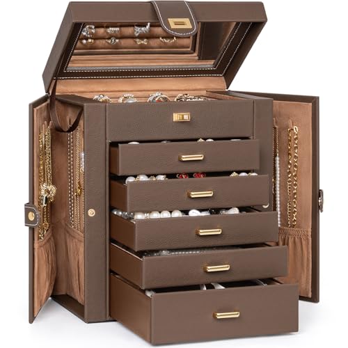 AKOZLIN 6-Tier Jewelry Box Organizer Functional 5 Drawers Leather Jewelry Storage Case for Women Girls Ring Necklace Earring Bracelet Holder Organizer with Mirror Brown - color: Brown, size: Medium