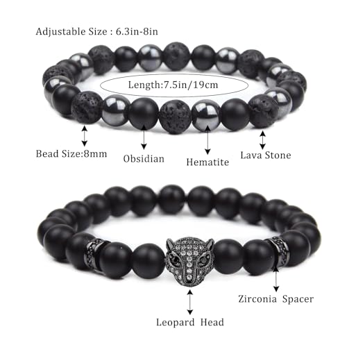 Natural Stone Bracelet 8mm Mens Black Beaded Bracelets Hematite Obsidian Onyx Lava Beads Bracelet Healing Crystal Bracelet for Men - style: Leopard Head