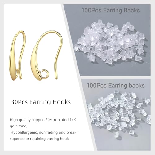 14K Gold Plated Earring Hooks, 230PCS Earring Findings for Jewelry Making Hypoallergenic Ear Wires for DIY Bulk Pack - color: 14K Gold-Big Earing Hooks